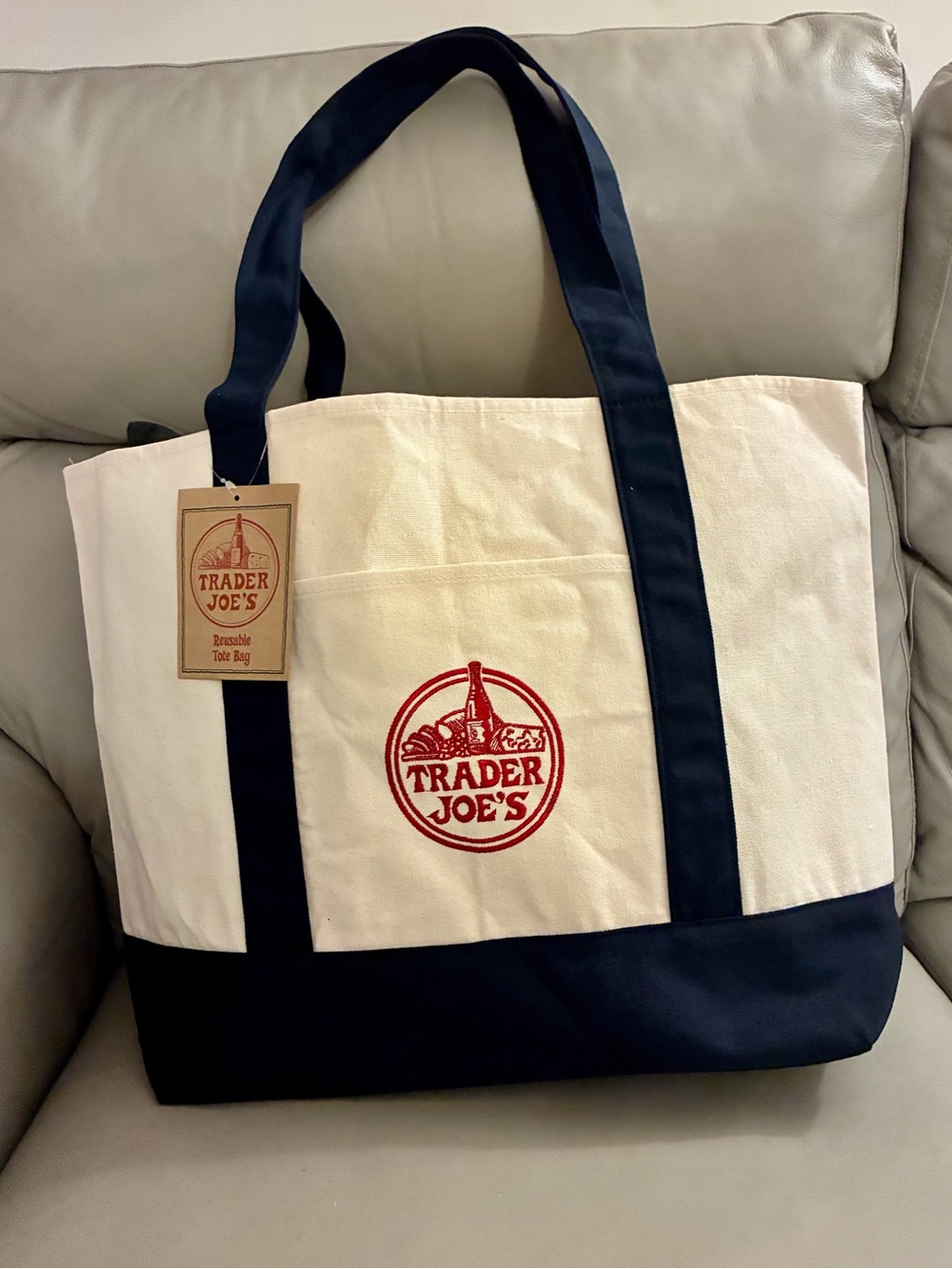 VIRAL NWT! Trader Joes Tote Bag Navy Blue Canvas Large 20” x 15”